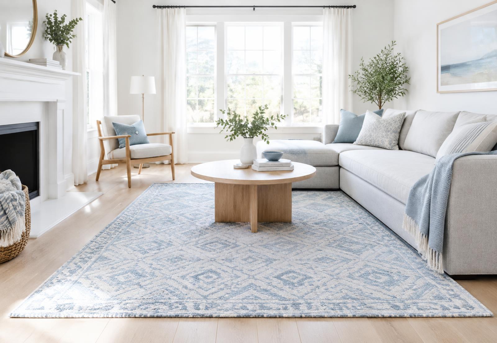 A pastel blue and white patterned rug in a bright, airy living room